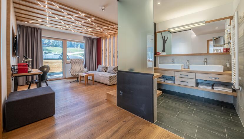 hotel room with large bathroom