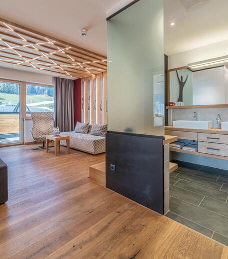 hotel room with large bathroom